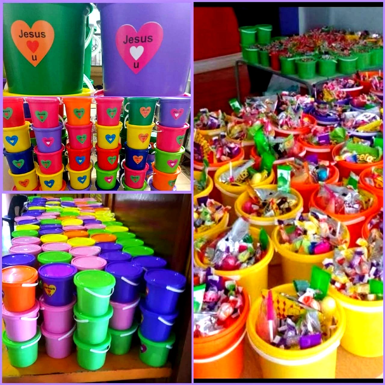 Colourful 'Jesus loves you' buckets stacked and ready for Children's Day